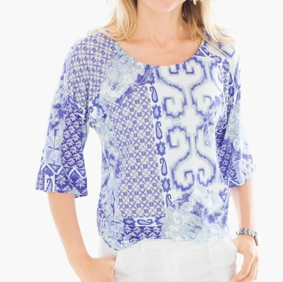 Chico's Border-Print East West Top Chico's SZ 1 - Picture 2 of 10